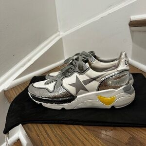 Women’s Golden Goose Running Sole Silver and White